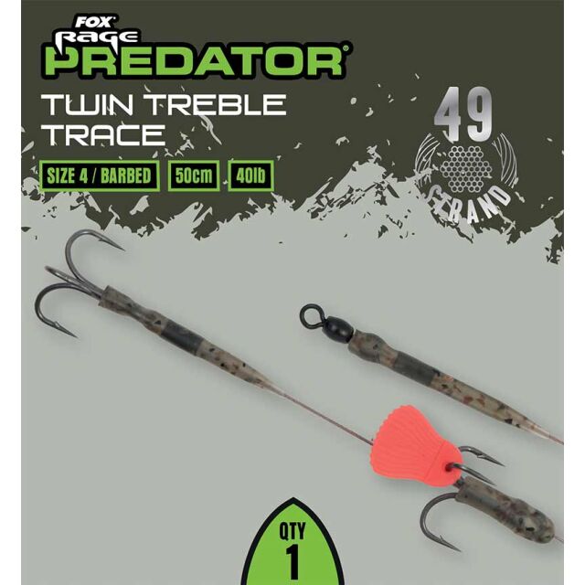 FOX Rage Predator Twin Treble Trace 52cm #4 Barbed 40lb