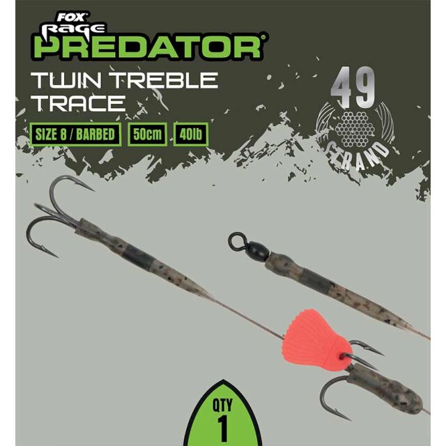 FOX Rage Predator Twin Treble Trace 52cm #8 Barbed 40lb